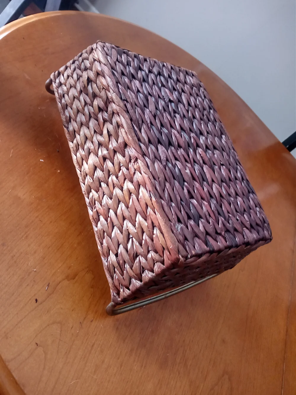 Vintage Brown Woven Rectangular Storage Basket with Metal Handles